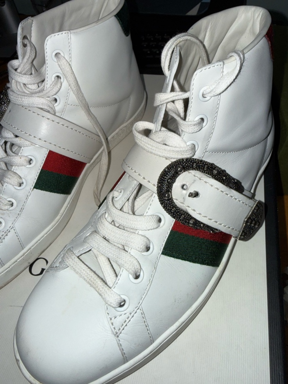 Gucci White High-Top Sneakers with Red & Green Web and Crystal Buckle - Picture 2 of 12